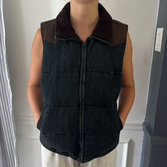 Lauren Jeans Co Ralph Lauren Vest Womens Medium Blue Denim Suede Fleece Puffer - Picture 2 of 13